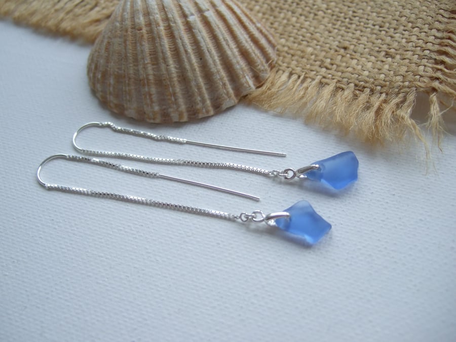 Scottish Blue Sea Glass Threader Earrings, Threaders with Blue Beach Glass