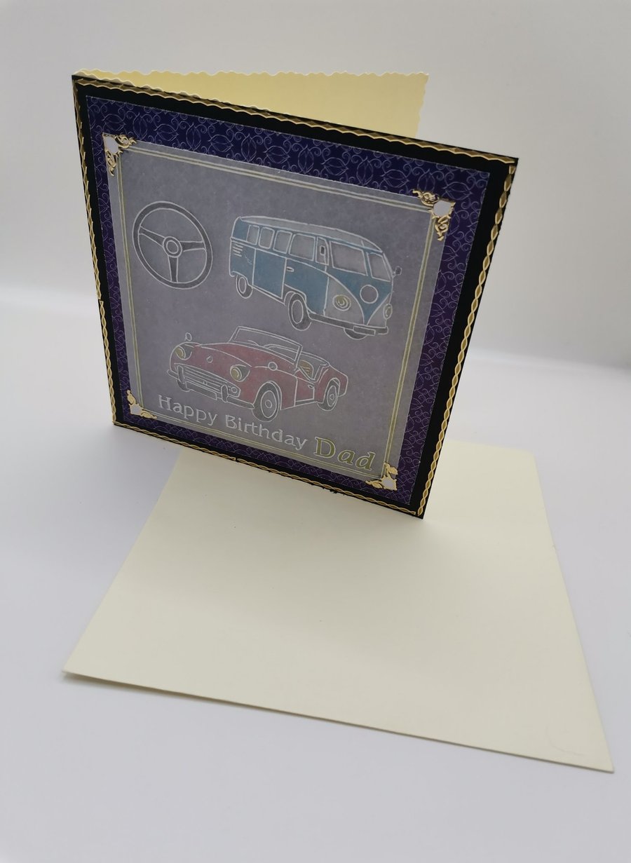 Hand Embossed Classic Car & Camper Van Dad Birthday Card 
