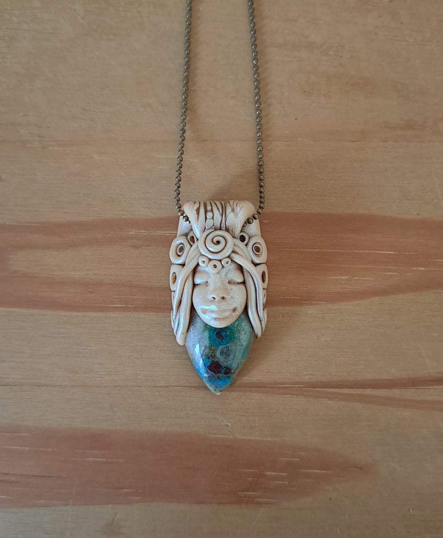 Shattuckite and Polymer Clay Goddess Amulet Pendant 