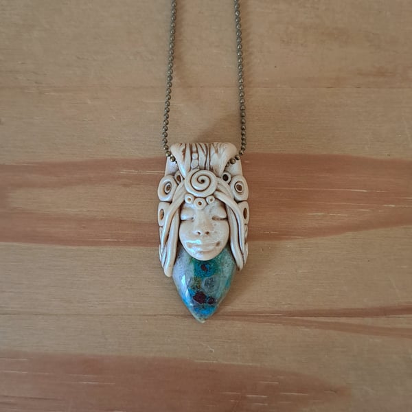 Shattuckite and Polymer Clay Goddess Amulet Pendant 