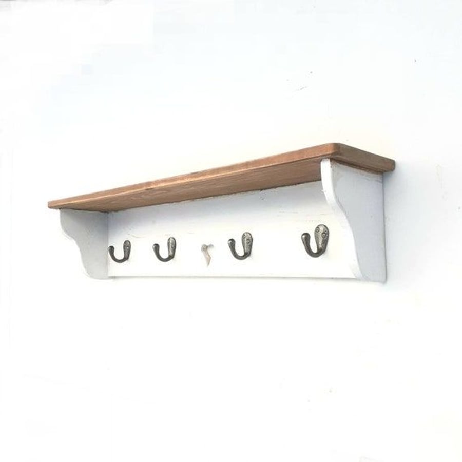 Small Natural Oak Heart Pine Shelf with Robe Hooks