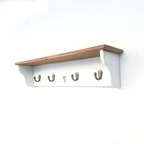 Small Natural Oak Heart Pine Shelf with Robe Hooks