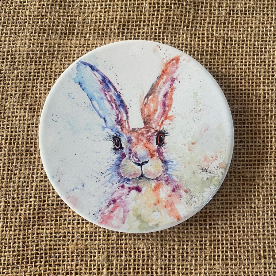 Hare Ceramic Coaster with Cork Base, Large 10cm Round Coaster. Rabbit Art From a