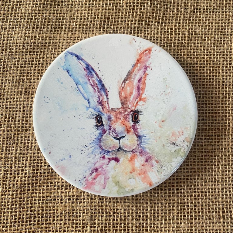 Hare Ceramic Coaster with Cork Base, Large 10cm Round Coaster. Rabbit Art From a