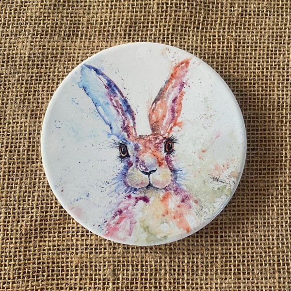 Hare Ceramic Coaster with Cork Base, Large 10cm Round Coaster. Rabbit Art From a