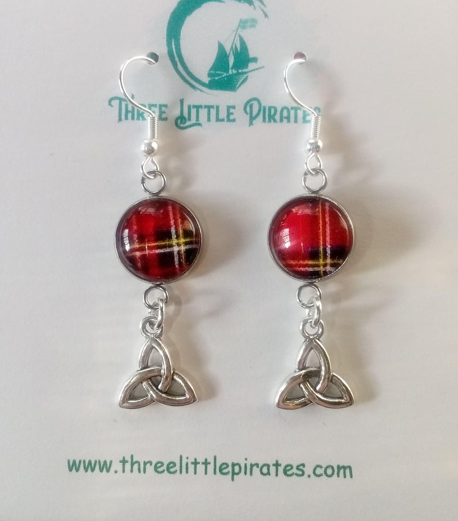 Tartan celtic dangly earrings, Royal Stewart plaid, handmade in Scotland