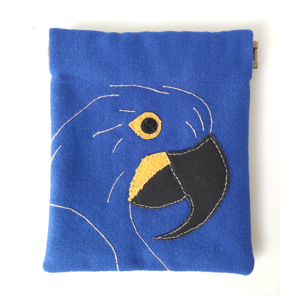 Hyacinth Macaw purse, small make-up bag, with flex frame