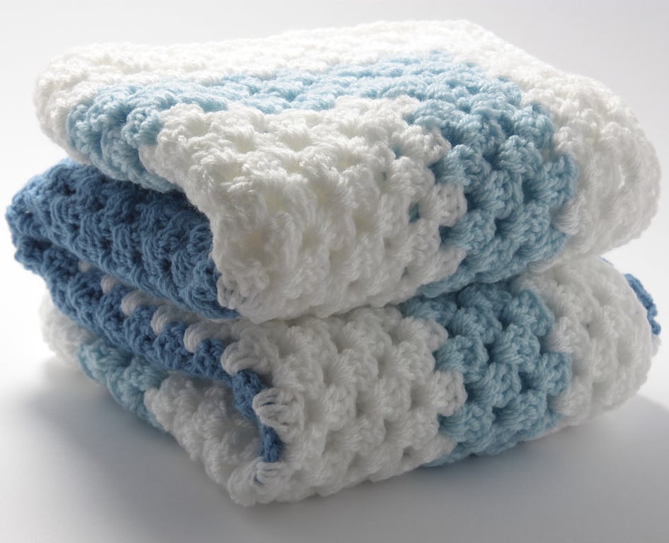 White and Blue Baby Blanket, Handmade Heirloom Crochet Blanket Measures Approx 3