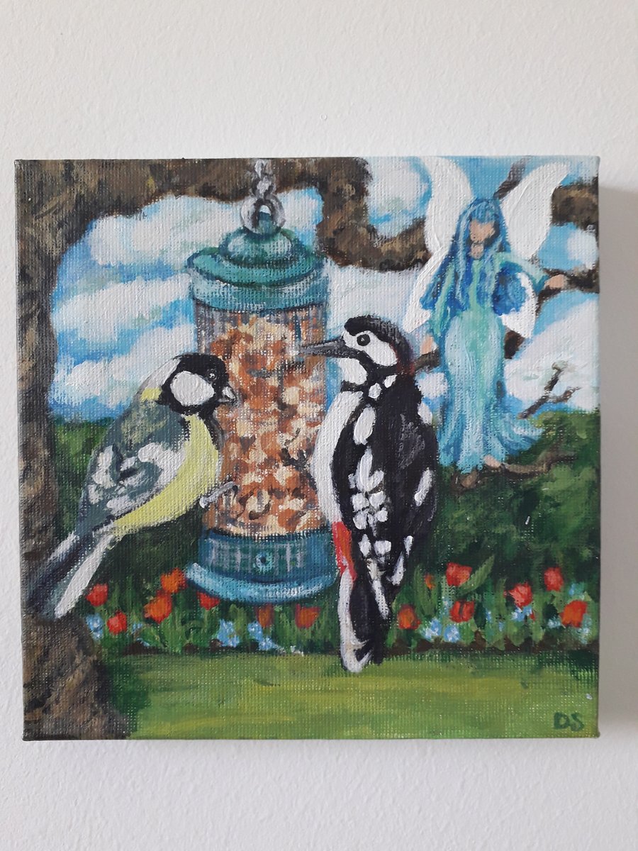 Fairy friends original painting. Two garden birds on a feeder with a fairy 