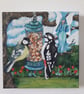 Fairy friends original painting. Two garden birds on a feeder with a fairy 