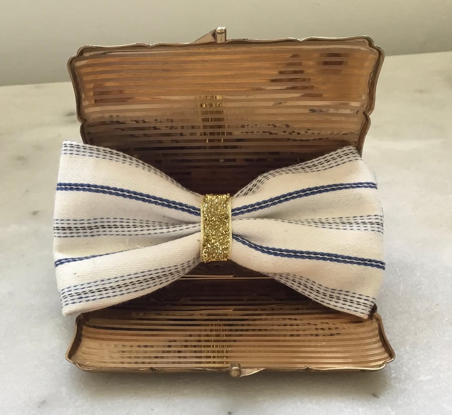 Blue French linen hair bow 