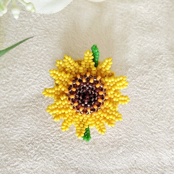 Beaded Yellow Sunflower Brooch 