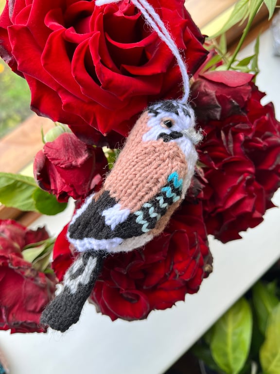 Jay bird hand knit tree decoration 