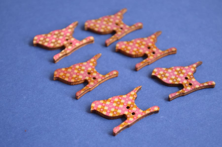 Wooden Bird Buttons Retro Brown Pink Beige 6pk 30x20mm (BD4)