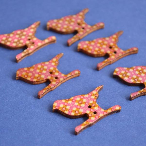 Wooden Bird Buttons Retro Brown Pink Beige 6pk 30x20mm (BD4)