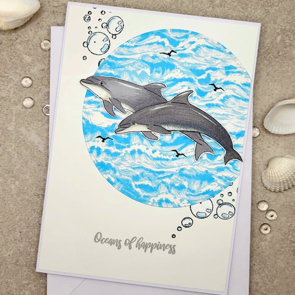 Card - handmade cards, dolphins, oceans of happiness, blank inside