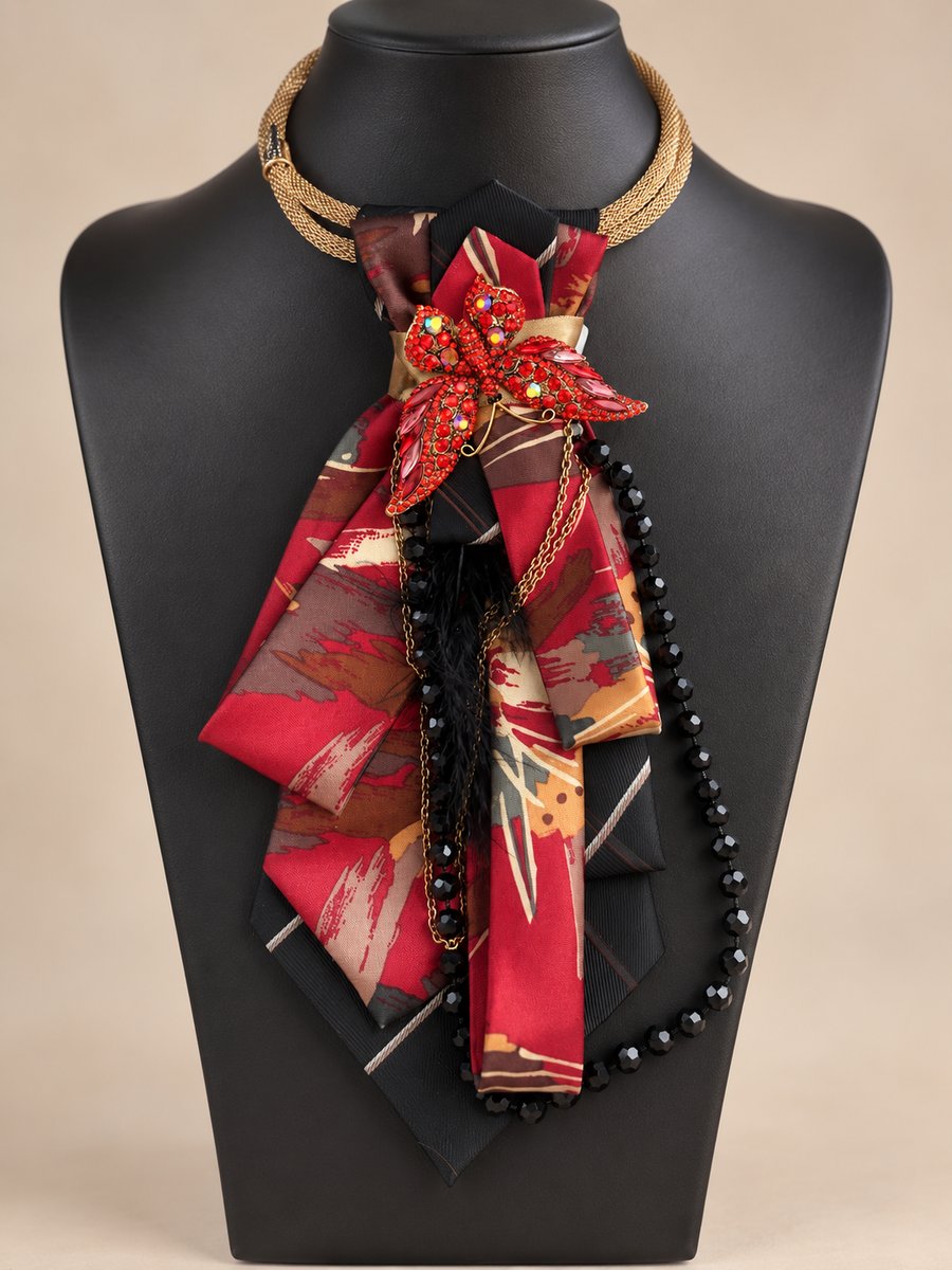 Crimson Flame Upcycled Necktie Statement Necklace