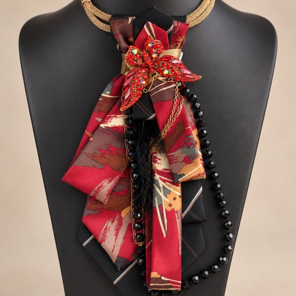 Crimson Flame Upcycled Necktie Statement Necklace