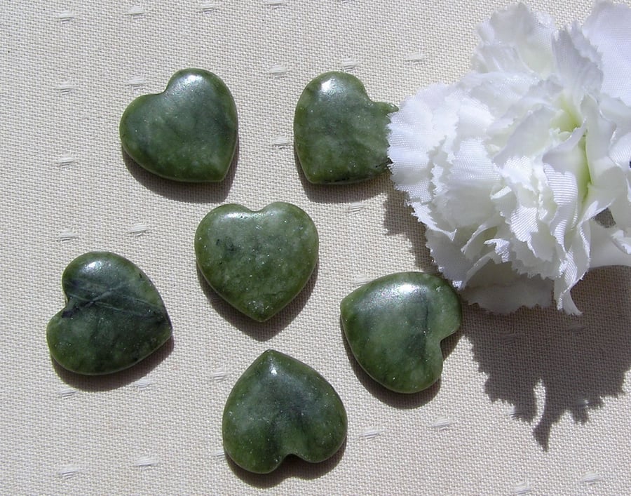 6 Green Olivine Solid Gemstone Polished Hearts - 20mm - Chakra Crafting