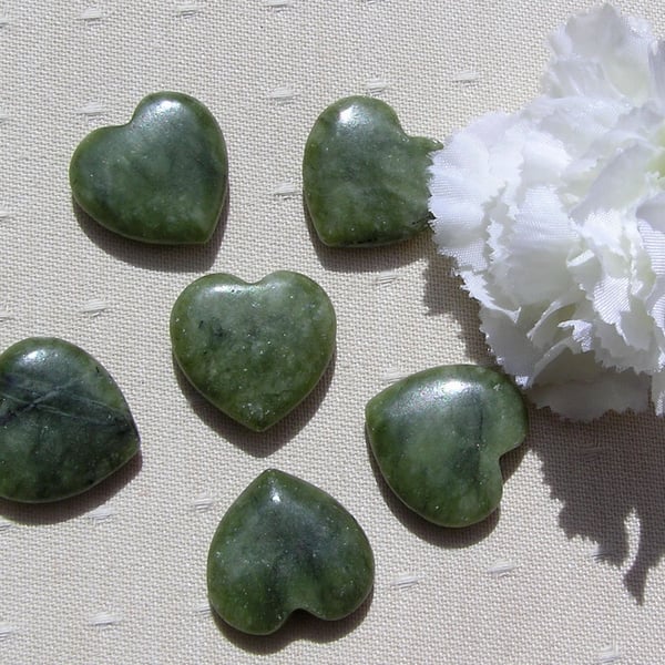 6 Green Olivine Solid Gemstone Polished Hearts - 20mm - Chakra Crafting
