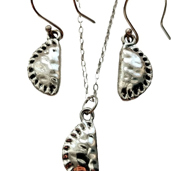 Recycled Sterling Silver Cornish Pasty Necklace & Earrings Jewellery Gift Set