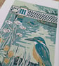 'Kingfishers at the old gas bridge' - linoprint - Image 4