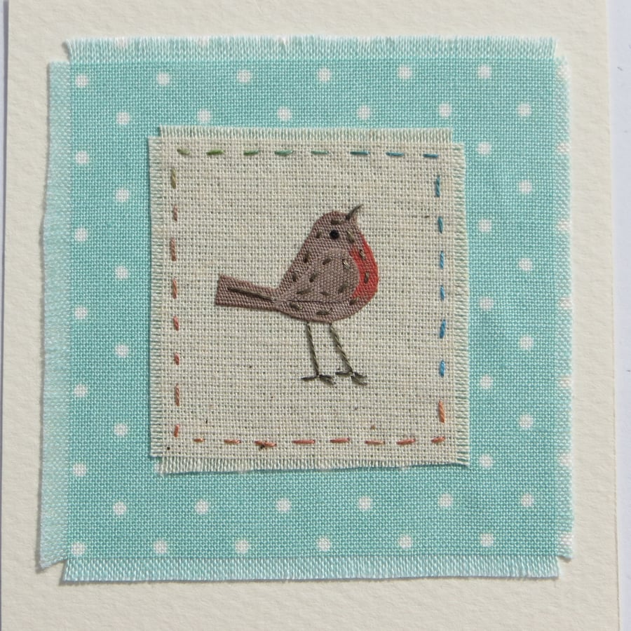 Polka Dot Robin hand-stitched card - detailed miniature, keepsake
