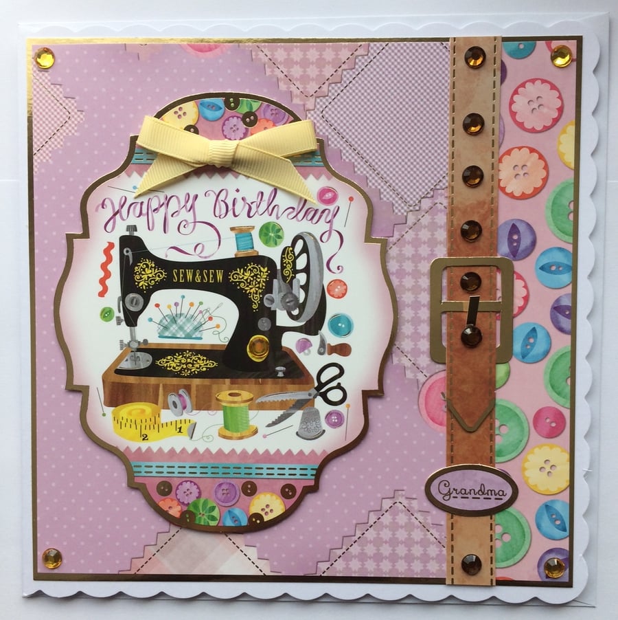 Happy Birthday Grandma Vintage Sewing Machine Buttons Birthday Card 3D Luxury