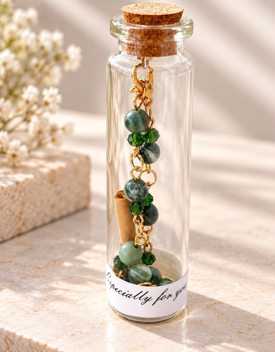 Tree Agate and Emerald Crystal Bracelet in a message bottle.