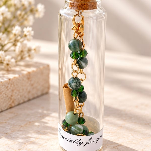 Tree Agate and Emerald Crystal Bracelet in a message bottle.