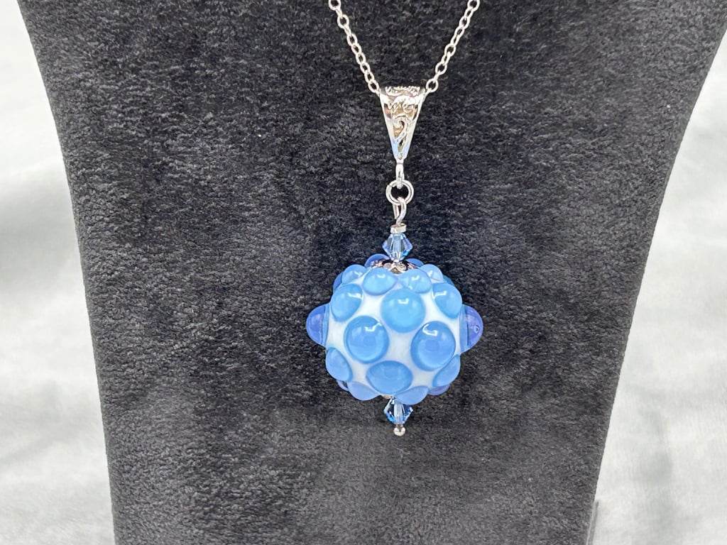 blue and ivory bumpy lampwork glass pendant 