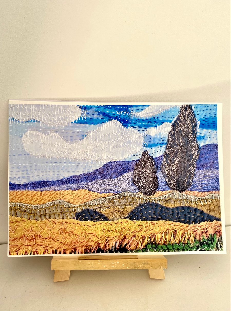 Original art print, Van Gogh inspired textile landscape 