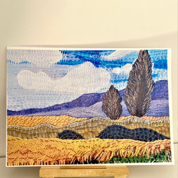 Original art print, Van Gogh inspired textile landscape 