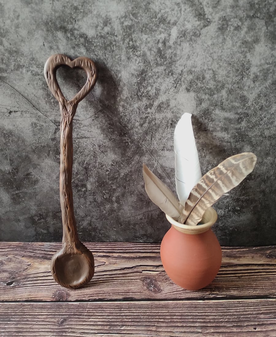 Ceramic Love Spoon, Rustic Valentine's Gift, Wood Effect Heart Spoon