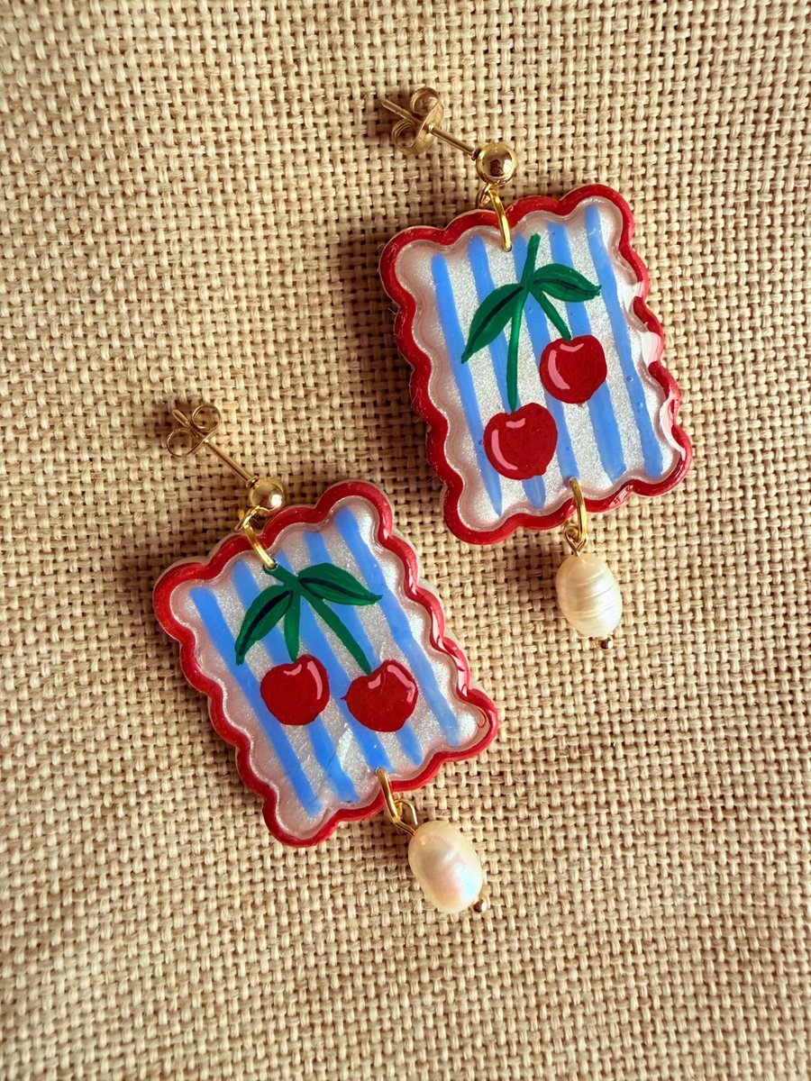 Cherry Pearl Earrings - Hand Painted Polymer Clay Dangle Earrings