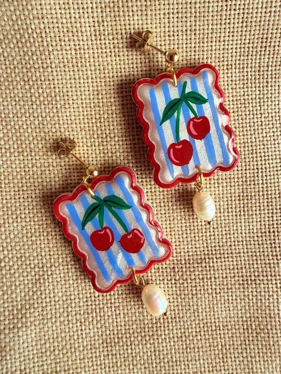 Cherry Pearl Earrings - Hand Painted Polymer Clay Dangle Earrings