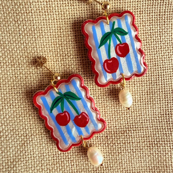 Cherry Pearl Earrings - Hand Painted Polymer Clay Dangle Earrings