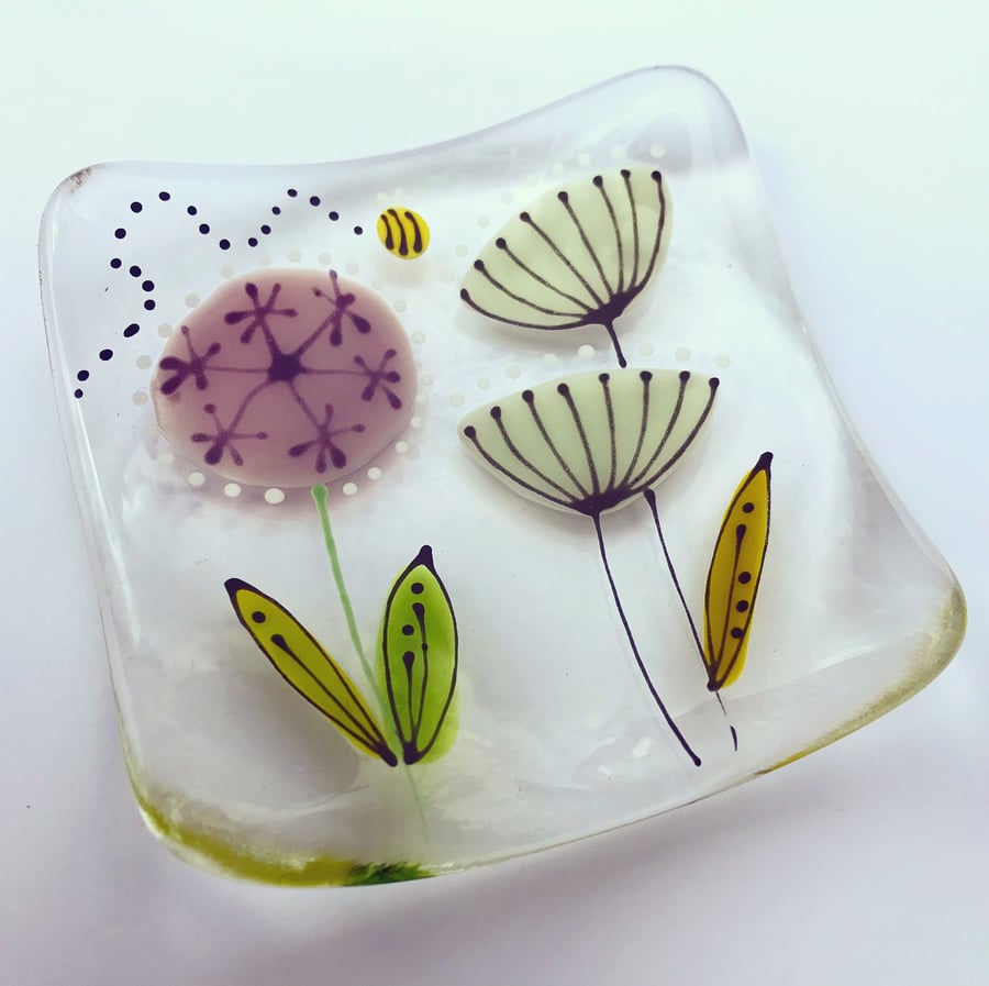 Square floral trinket dish - Allium and seed heads
