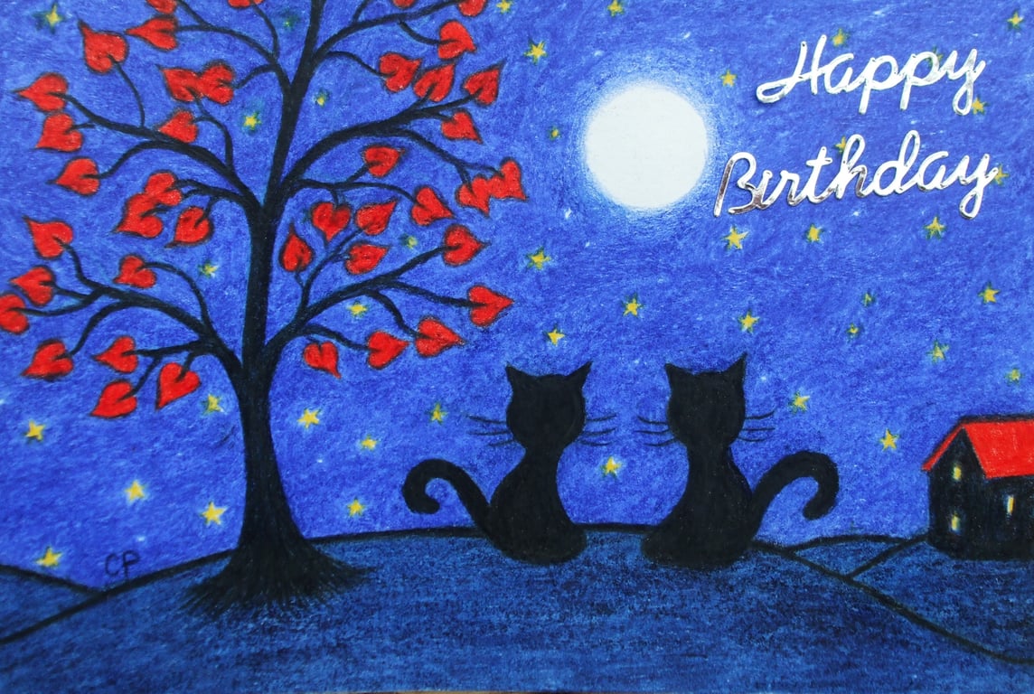 Cat Birthday Card, Moon Stars Love Card, Two Black Cats Tree Art Card, Romantic