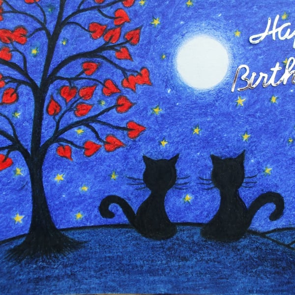 Cat Birthday Card, Moon Stars Love Card, Two Black Cats Tree Art Card, Romantic