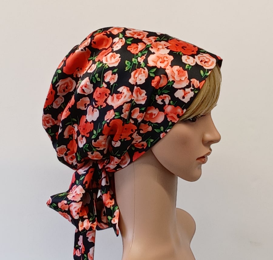 Satin lined head wear for women, bonnet with long ties full head covering