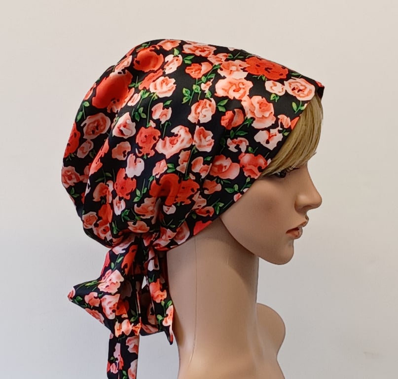 Satin lined head wear for women, bonnet with long ties full head covering