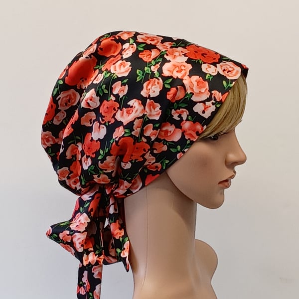 Satin lined head wear for women, bonnet with long ties full head covering