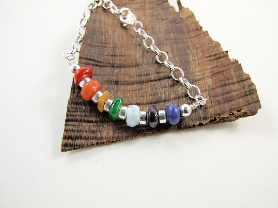 Sterling Silver Bar Bracelet with a Rainbow of Gemstones and Shell