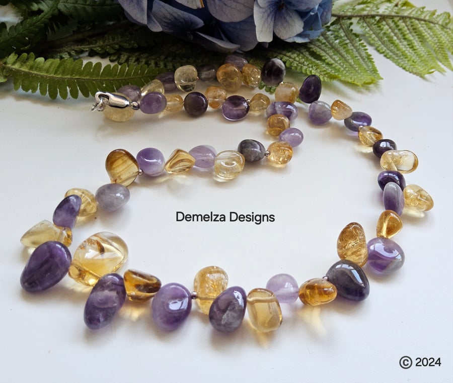 A Grade Citrine & Amethyst Pear Drop Sterling Silver Necklace 
