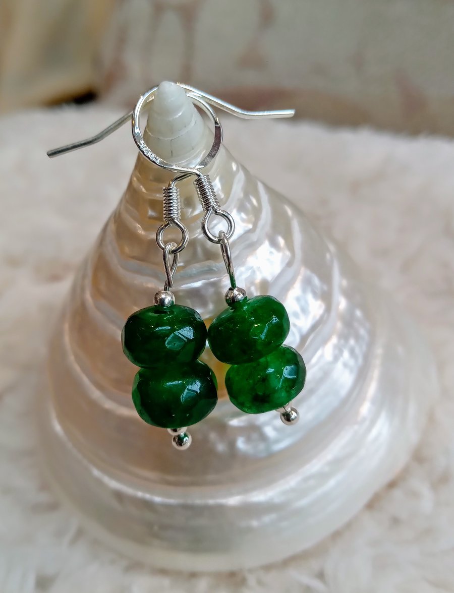 Faceted genuine EMERALD donut beads & Tibetan silver beads on 925 silver EARRING