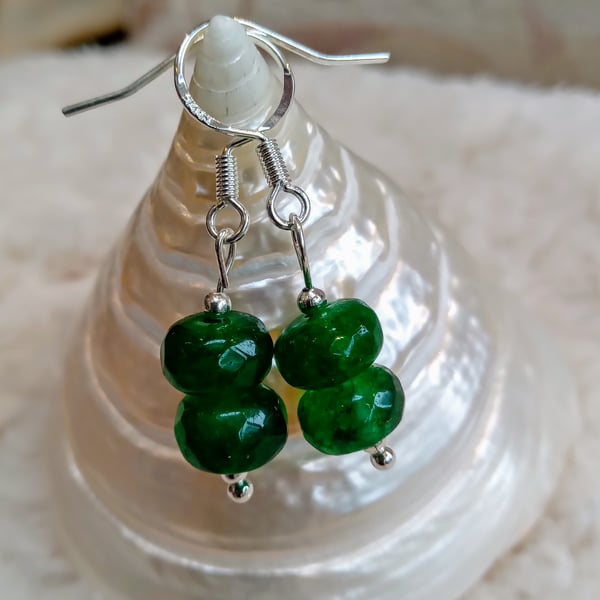 Faceted genuine EMERALD donut beads & Tibetan silver beads on 925 silver EARRING