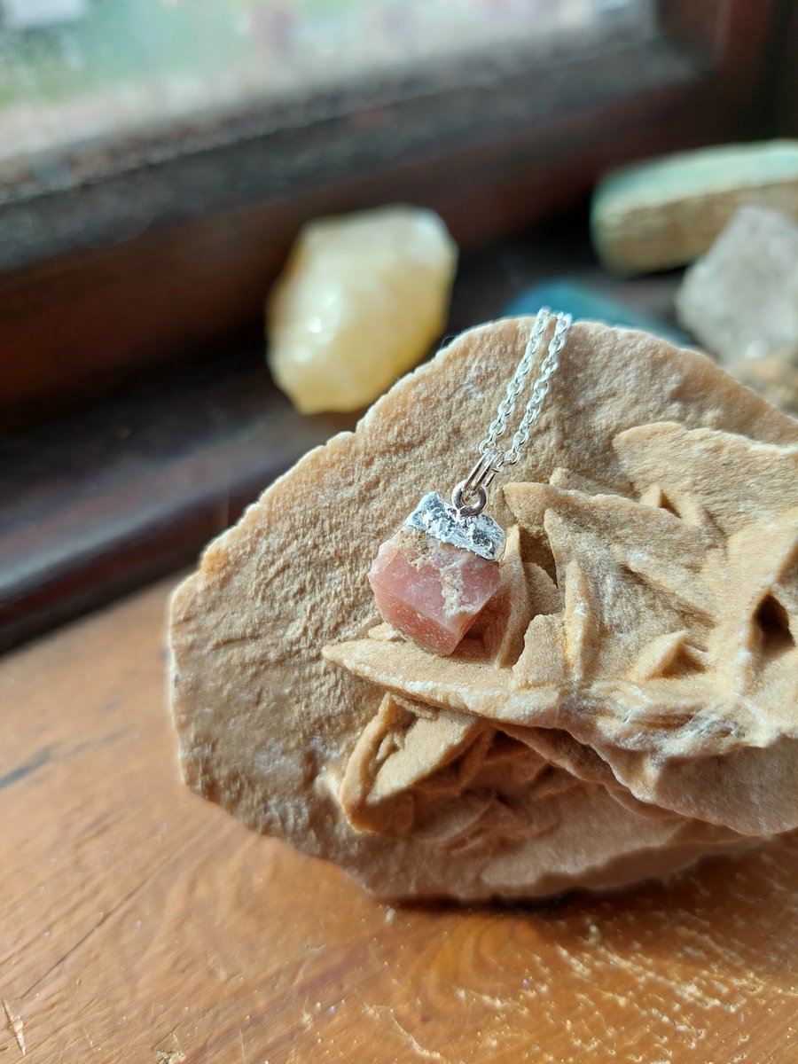 Raw Pink Opal Crystal and Sterling Silver Necklace - October Birthstone