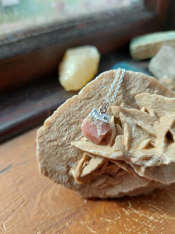Raw Pink Opal Crystal and Sterling Silver Necklace - October Birthstone