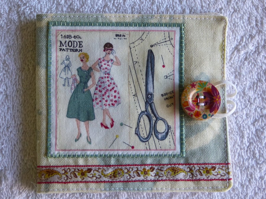 Sewing Needle Case with Sewing Pattern Panel. Cream.